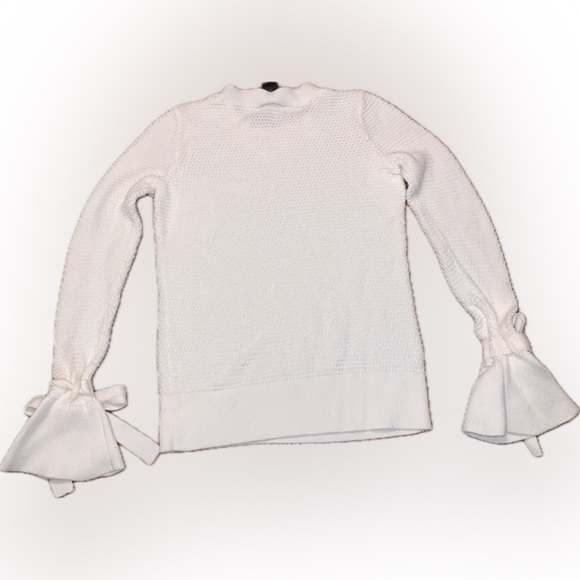 Ann Taylor Cream Ruffle Bell Sleeve Bow Cuff Waffle Knit Crew Neck Sweater Small - Picture 3 of 7
